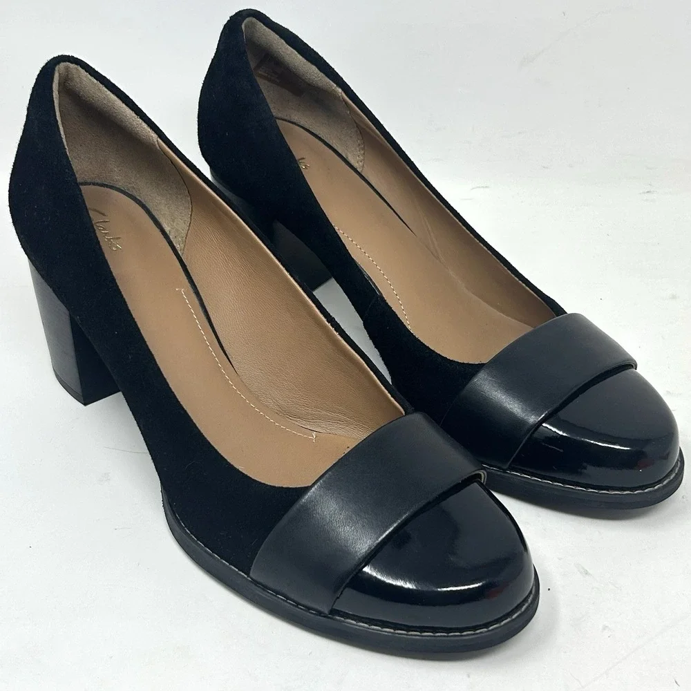 Clarks Tarah Brae Pumps Black Suede Patent Leather 9.5 Classic Business